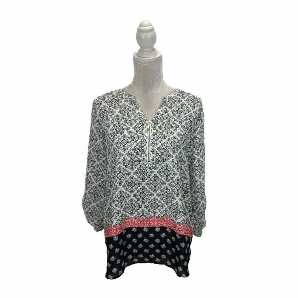 Maurices Mixed Print Blouse Button Tab Sleeve L - image 1